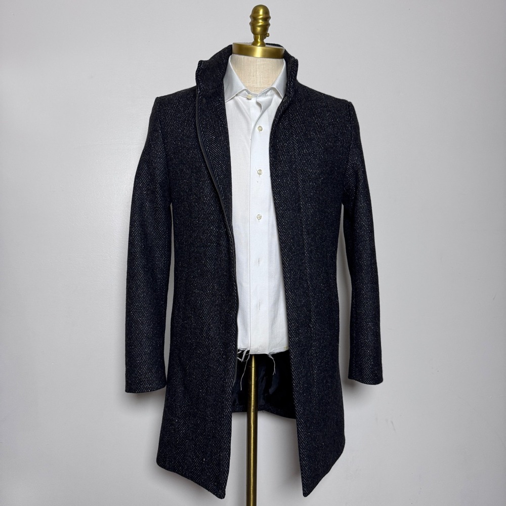 Zara Man Overcoat Mens Size S Gray Herringbone Zip Up Stand Collar Wool Blend